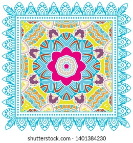 Decorative colorful ornament on white background, symmetric pattern with doodle lace frame. Tribal ethnic mandala decor. Bandana shawl, tablecloth fabric print, silk neck scarf, kerchief design