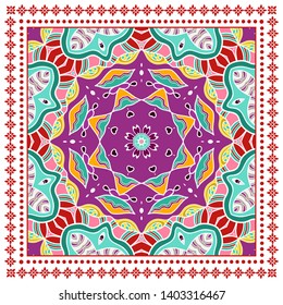 Decorative colorful ornament on white background, symmetric pattern with doodle lace frame. Tribal ethnic mandala decor. Bandana shawl, tablecloth fabric print, silk neck scarf, kerchief design