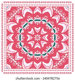 Decorative colorful ornament on white background, symmetric pattern with doodle lace frame. Tribal ethnic mandala decor. Bandana shawl, tablecloth fabric print, silk neck scarf, kerchief design