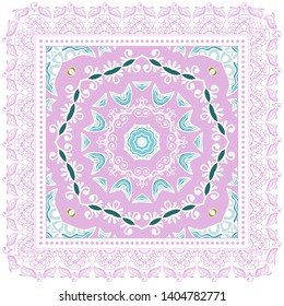 Decorative colorful ornament on white background, symmetric pattern with doodle lace frame. Tribal ethnic mandala decor. Bandana shawl, tablecloth fabric print, silk neck scarf, kerchief design