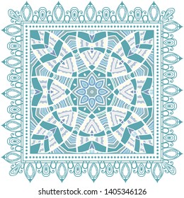 Decorative colorful ornament on white background, symmetric pattern with doodle lace frame. Tribal ethnic mandala decor. Bandana shawl, tablecloth fabric print, silk neck scarf, kerchief design