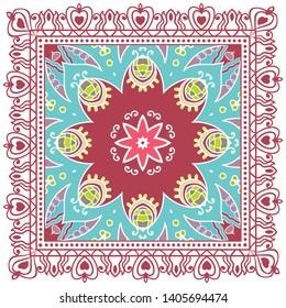 Decorative colorful ornament on white background, symmetric pattern with doodle lace frame. Tribal ethnic mandala decor. Bandana shawl, tablecloth fabric print, silk neck scarf, kerchief design