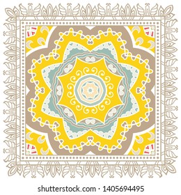 Decorative colorful ornament on white background, symmetric pattern with doodle lace frame. Tribal ethnic mandala decor. Bandana shawl, tablecloth fabric print, silk neck scarf, kerchief design