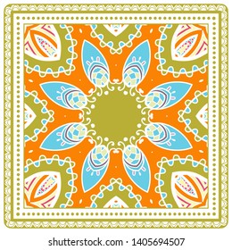 Decorative colorful ornament on white background, symmetric pattern with doodle lace frame. Tribal ethnic mandala decor. Bandana shawl, tablecloth fabric print, silk neck scarf, kerchief design