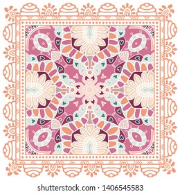 Decorative colorful ornament on white background, symmetric pattern with doodle lace frame. Tribal ethnic mandala decor. Bandana shawl, tablecloth fabric print, silk neck scarf, kerchief design