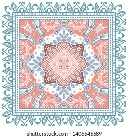 Decorative colorful ornament on white background, symmetric pattern with doodle lace frame. Tribal ethnic mandala decor. Bandana shawl, tablecloth fabric print, silk neck scarf, kerchief design