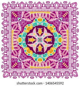 Decorative colorful ornament on white background, symmetric pattern with doodle lace frame. Tribal ethnic mandala decor. Bandana shawl, tablecloth fabric print, silk neck scarf, kerchief design