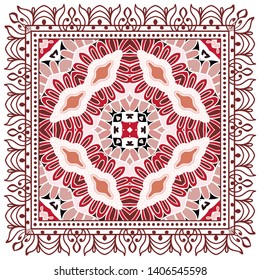 Decorative colorful ornament on white background, symmetric pattern with doodle lace frame. Tribal ethnic mandala decor. Bandana shawl, tablecloth fabric print, silk neck scarf, kerchief design