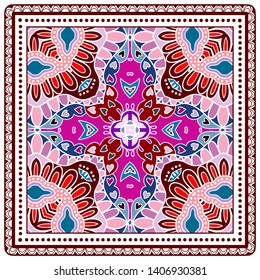 Decorative colorful ornament on white background, symmetric pattern with doodle lace frame. Tribal ethnic mandala decor. Bandana shawl, tablecloth fabric print, silk neck scarf, kerchief design
