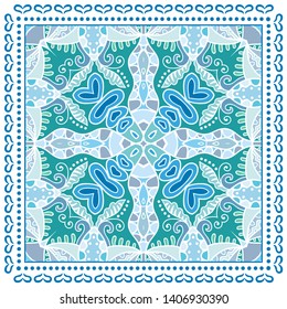Decorative colorful ornament on white background, symmetric pattern with doodle lace frame. Tribal ethnic mandala decor. Bandana shawl, tablecloth fabric print, silk neck scarf, kerchief design