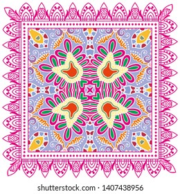 Decorative colorful ornament on white background, symmetric pattern with doodle lace frame. Tribal ethnic mandala decor. Bandana shawl, tablecloth fabric print, silk neck scarf, kerchief design