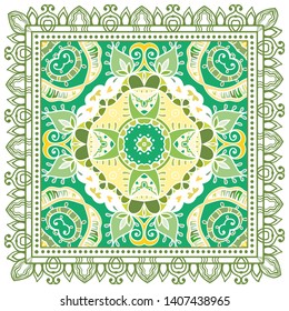 Decorative colorful ornament on white background, symmetric pattern with doodle lace frame. Tribal ethnic mandala decor. Bandana shawl, tablecloth fabric print, silk neck scarf, kerchief design