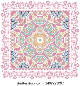 Decorative colorful ornament on white background, symmetric pattern with doodle lace frame. Tribal ethnic mandala decor. Bandana shawl, tablecloth fabric print, silk neck scarf, kerchief design