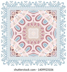 Decorative colorful ornament on white background, symmetric pattern with doodle lace frame. Tribal ethnic mandala decor. Bandana shawl, tablecloth fabric print, silk neck scarf, kerchief design