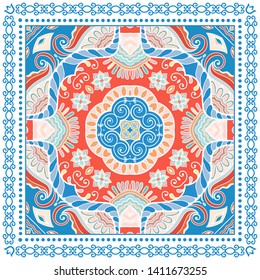 Decorative colorful ornament on white background, symmetric pattern with doodle lace frame. Tribal ethnic mandala decor. Bandana shawl, tablecloth fabric print, silk neck scarf, kerchief design