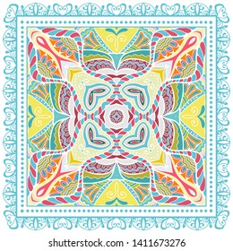 Decorative colorful ornament on white background, symmetric pattern with doodle lace frame. Tribal ethnic mandala decor. Bandana shawl, tablecloth fabric print, silk neck scarf, kerchief design