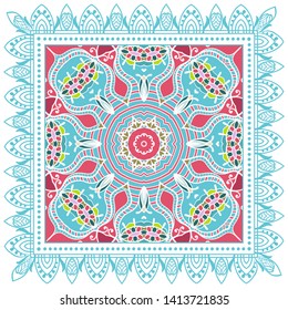 Decorative colorful ornament on white background, symmetric pattern with doodle lace frame. Tribal ethnic mandala decor. Bandana shawl, tablecloth fabric print, silk neck scarf, kerchief design