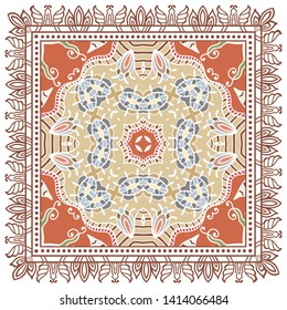 Decorative colorful ornament on white background, symmetric pattern with doodle lace frame. Tribal ethnic mandala decor. Bandana shawl, tablecloth fabric print, silk neck scarf, kerchief design