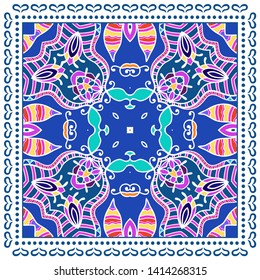 Decorative colorful ornament on white background, symmetric pattern with doodle lace frame. Tribal ethnic mandala decor. Bandana shawl, tablecloth fabric print, silk neck scarf, kerchief design