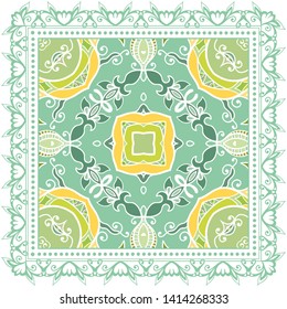 Decorative colorful ornament on white background, symmetric pattern with doodle lace frame. Tribal ethnic mandala decor. Bandana shawl, tablecloth fabric print, silk neck scarf, kerchief design