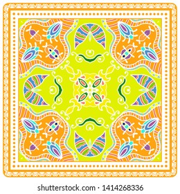 Decorative colorful ornament on white background, symmetric pattern with doodle lace frame. Tribal ethnic mandala decor. Bandana shawl, tablecloth fabric print, silk neck scarf, kerchief design
