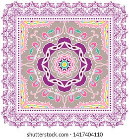 Decorative colorful ornament on white background, symmetric pattern with doodle lace frame. Tribal ethnic mandala decor. Bandana shawl, tablecloth fabric print, silk neck scarf, kerchief design