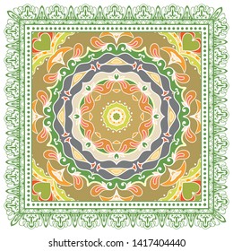 Decorative colorful ornament on white background, symmetric pattern with doodle lace frame. Tribal ethnic mandala decor. Bandana shawl, tablecloth fabric print, silk neck scarf, kerchief design