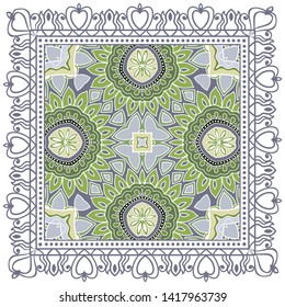 Decorative colorful ornament on white background, symmetric pattern with doodle lace frame. Tribal ethnic mandala decor. Bandana shawl, tablecloth fabric print, silk neck scarf, kerchief design