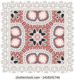 Decorative colorful ornament on white background, symmetric pattern with doodle lace frame. Tribal ethnic mandala decor. Bandana shawl, tablecloth fabric print, silk neck scarf, kerchief design