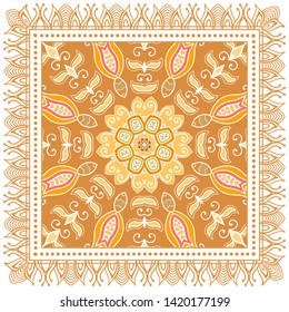 Decorative colorful ornament on white background, symmetric pattern with doodle lace frame. Tribal ethnic mandala decor. Bandana shawl, tablecloth fabric print, silk neck scarf, kerchief design