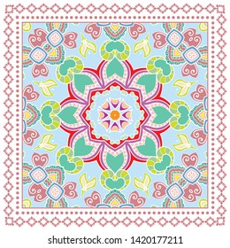 Decorative colorful ornament on white background, symmetric pattern with doodle lace frame. Tribal ethnic mandala decor. Bandana shawl, tablecloth fabric print, silk neck scarf, kerchief design