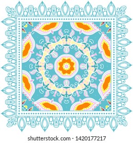 Decorative colorful ornament on white background, symmetric pattern with doodle lace frame. Tribal ethnic mandala decor. Bandana shawl, tablecloth fabric print, silk neck scarf, kerchief design