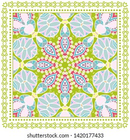 Decorative colorful ornament on white background, symmetric pattern with doodle lace frame. Tribal ethnic mandala decor. Bandana shawl, tablecloth fabric print, silk neck scarf, kerchief design