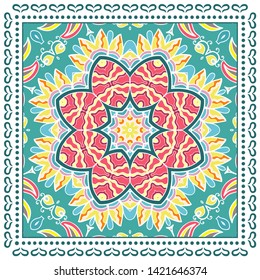 Decorative colorful ornament on white background, symmetric pattern with doodle lace frame. Tribal ethnic mandala decor. Bandana shawl, tablecloth fabric print, silk neck scarf, kerchief design