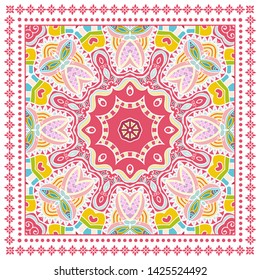 Decorative colorful ornament on white background, symmetric pattern with doodle lace frame. Tribal ethnic mandala decor. Bandana shawl, tablecloth fabric print, silk neck scarf, kerchief design