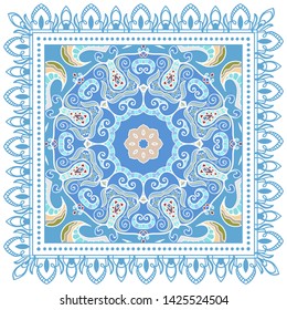 Decorative colorful ornament on white background, symmetric pattern with doodle lace frame. Tribal ethnic mandala decor. Bandana shawl, tablecloth fabric print, silk neck scarf, kerchief design