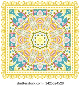 Decorative colorful ornament on white background, symmetric pattern with doodle lace frame. Tribal ethnic mandala decor. Bandana shawl, tablecloth fabric print, silk neck scarf, kerchief design