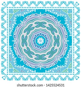 Decorative colorful ornament on white background, symmetric pattern with doodle lace frame. Tribal ethnic mandala decor. Bandana shawl, tablecloth fabric print, silk neck scarf, kerchief design