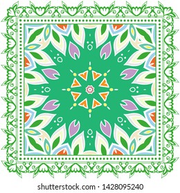 Decorative colorful ornament on white background, symmetric pattern with doodle lace frame. Tribal ethnic mandala decor. Bandana shawl, tablecloth fabric print, silk neck scarf, kerchief design