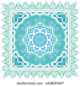 Decorative colorful ornament on white background, symmetric pattern with doodle lace frame. Tribal ethnic mandala decor. Bandana shawl, tablecloth fabric print, silk neck scarf, kerchief design