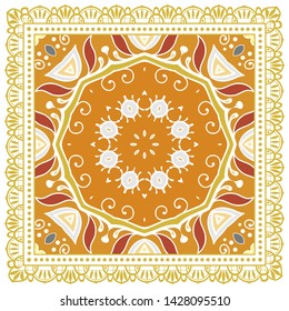 Decorative colorful ornament on white background, symmetric pattern with doodle lace frame. Tribal ethnic mandala decor. Bandana shawl, tablecloth fabric print, silk neck scarf, kerchief design