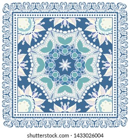 Decorative colorful ornament on white background, symmetric pattern with doodle lace frame. Tribal ethnic mandala decor. Bandana shawl, tablecloth fabric print, silk neck scarf, kerchief design