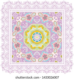 Decorative colorful ornament on white background, symmetric pattern with doodle lace frame. Tribal ethnic mandala decor. Bandana shawl, tablecloth fabric print, silk neck scarf, kerchief design