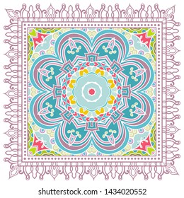 Decorative colorful ornament on white background, symmetric pattern with doodle lace frame. Tribal ethnic mandala decor. Bandana shawl, tablecloth fabric print, silk neck scarf, kerchief design