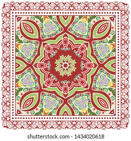 Decorative colorful ornament on white background, symmetric pattern with doodle lace frame. Tribal ethnic mandala decor. Bandana shawl, tablecloth fabric print, silk neck scarf, kerchief design