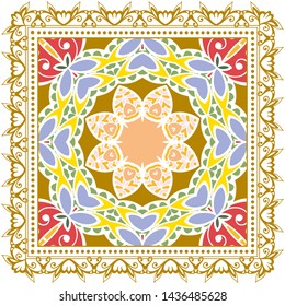 Decorative colorful ornament on white background, symmetric pattern with doodle lace frame. Tribal ethnic mandala decor. Bandana shawl, tablecloth fabric print, silk neck scarf, kerchief design