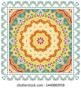 Decorative colorful ornament on white background, symmetric pattern with doodle lace frame. Tribal ethnic mandala decor. Bandana shawl, tablecloth fabric print, silk neck scarf, kerchief design