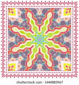 Decorative colorful ornament on white background, symmetric pattern with doodle lace frame. Tribal ethnic mandala decor. Bandana shawl, tablecloth fabric print, silk neck scarf, kerchief design