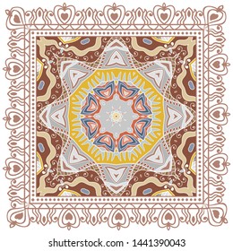 Decorative colorful ornament on white background, symmetric pattern with doodle lace frame. Tribal ethnic mandala decor. Bandana shawl, tablecloth fabric print, silk neck scarf, kerchief design