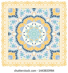 Decorative colorful ornament on white background, symmetric pattern with doodle lace frame. Tribal ethnic mandala decor. Bandana shawl, tablecloth fabric print, silk neck scarf, kerchief design